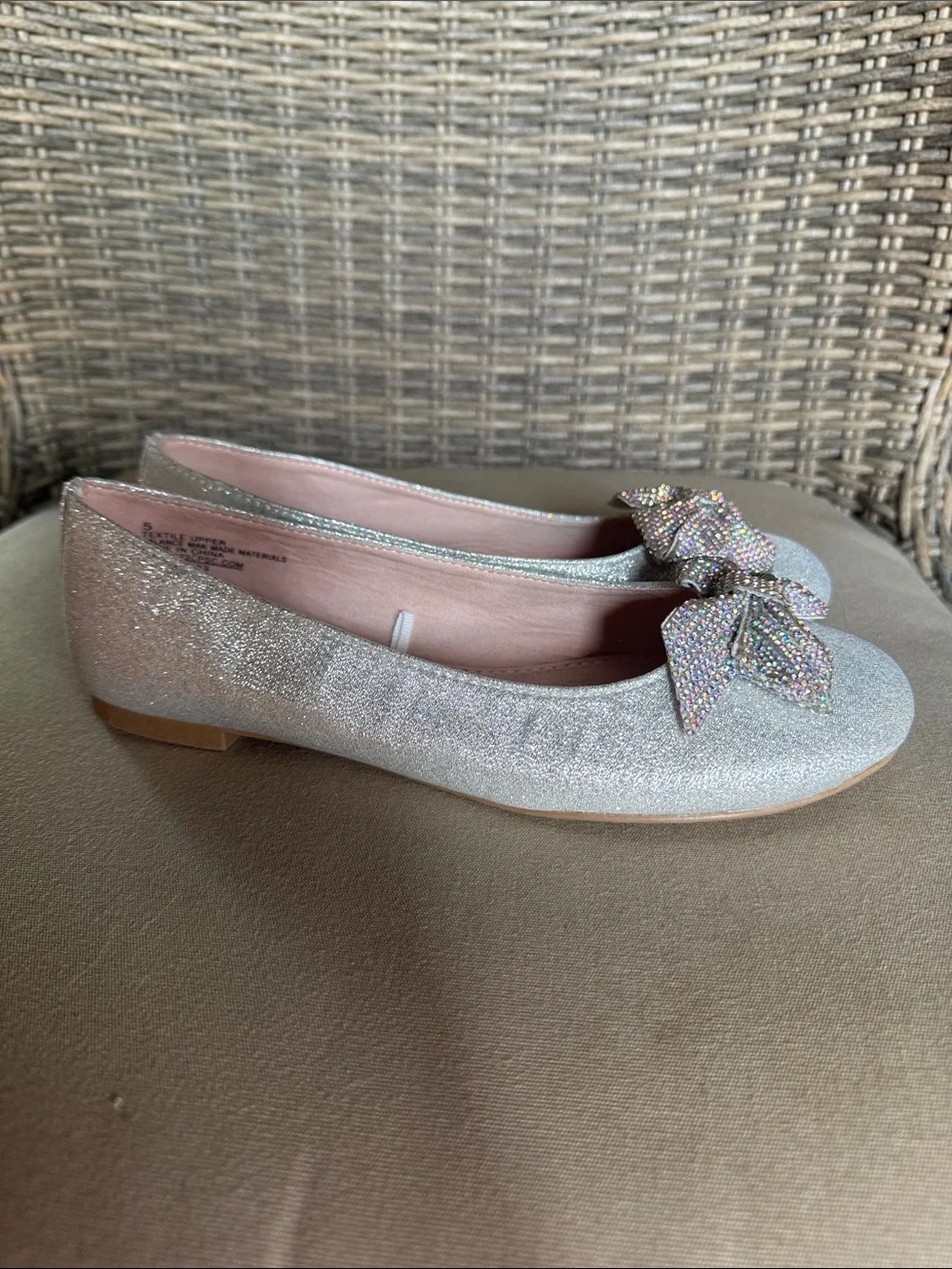 Cynthia Rowley Iridescent Silver-Glitter Rhinestone Bow Ballet Flats